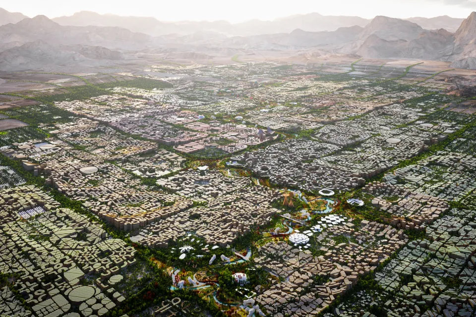 A rendering of a futuristic city in the desert.